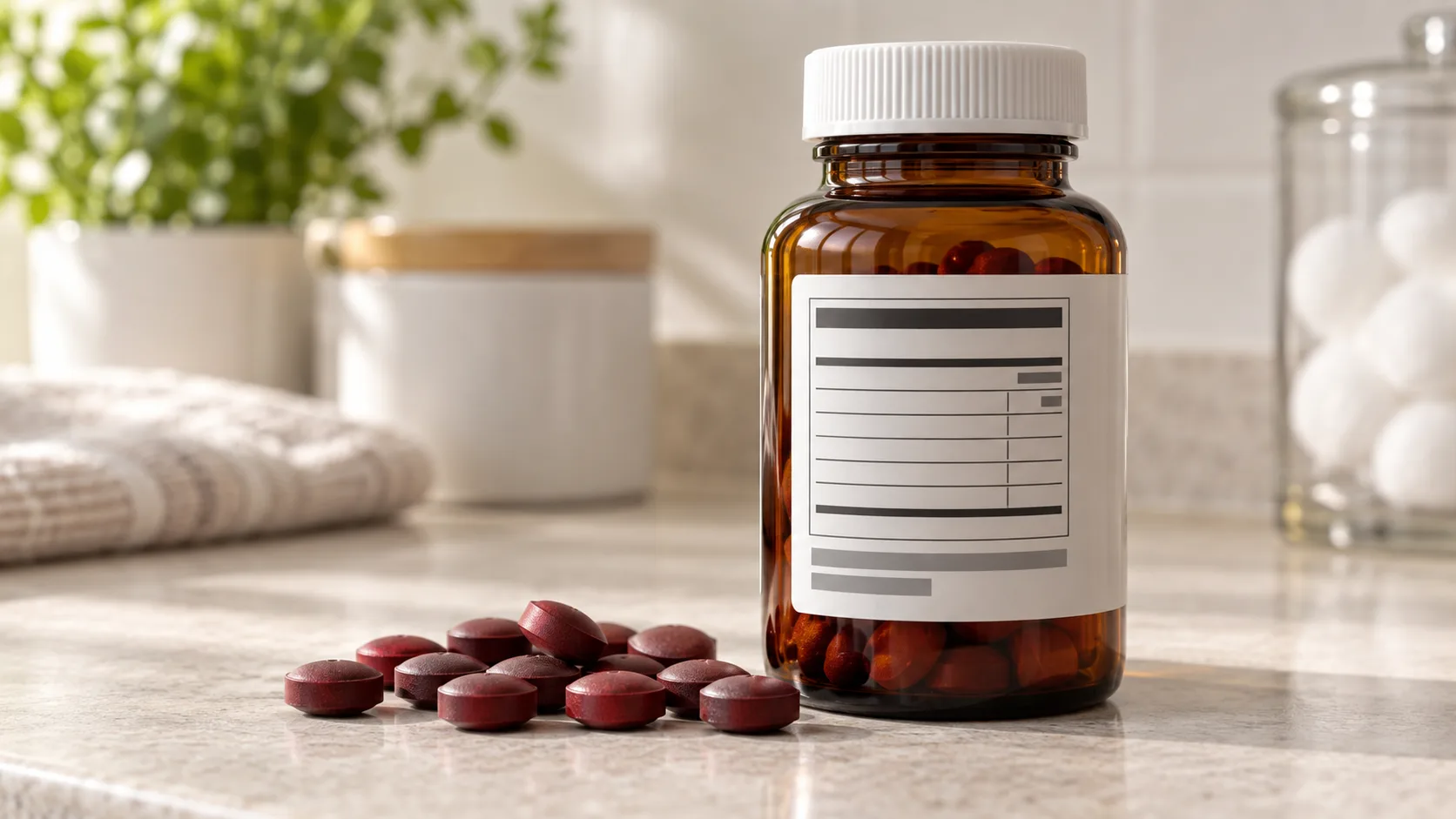 Iron supplement bottle and tablets beside a supplement facts label
